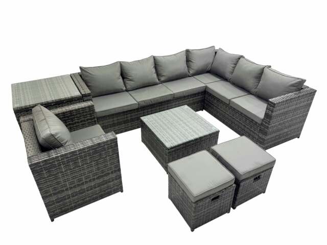 Rackhams Outdoor PE Rattan Garden Furniture Sofa Set with Square Coffee Table Chair Side Table 2 Small Stools Dark Grey - image 1