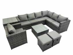 Rackhams Outdoor PE Rattan Garden Furniture Sofa Set with Square Coffee Table Chair Side Table 2 Small Stools Dark Grey - thumbnail 1