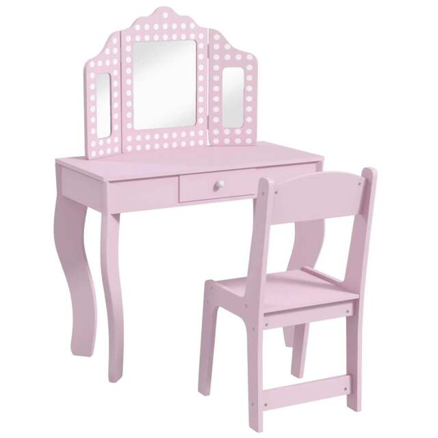 Rackhams Kids Dressing Table Sets with Stool and Tri-Fold Mirror, Drawer for Playroom, Bedroom - Pink