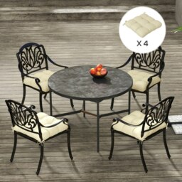 Rackhams Set of 4 Outdoor Seat Cushion with Ties, for Garden Furniture, Beige - Charcoal grey - Yarn-dyed Fabric - 48L x 48W x 8Hcm - thumbnail 3