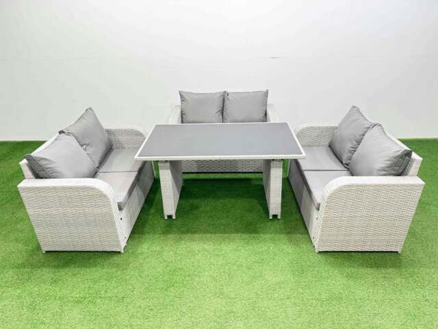 Rackhams 6 Seater Patio Garden Furniture Sets with Black Glass Top Dining Table Love Sofa Light Grey - image 1