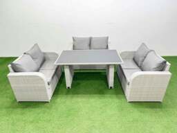 Rackhams 6 Seater Patio Garden Furniture Sets with Black Glass Top Dining Table Love Sofa Light Grey - thumbnail 1