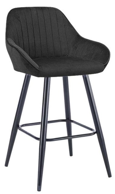 Rackhams Velluto Velvet Kitchen Bar Stool, Matt Black Fixed Height Legs With Footrest, Breakfast & Home Bar Stool - Black - image 1