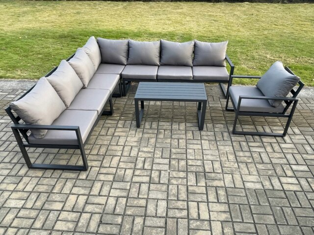 Rackhams Aluminium Patio Outdoor Garden Furniture Lounge Corner Sofa Set with Oblong Coffee Table Chair Dark Grey