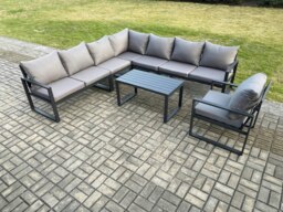 Rackhams Aluminium Patio Outdoor Garden Furniture Lounge Corner Sofa Set with Oblong Coffee Table Chair Dark Grey - thumbnail 2