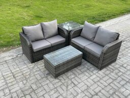Rackhams Outdoor Lounge Sofa Set Rattan Garden Furniture Set with Rectangular Coffee Table Side Table Dark Grey Mixed - thumbnail 2