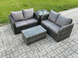 Rackhams Outdoor Lounge Sofa Set Rattan Garden Furniture Set with Rectangular Coffee Table Side Table Dark Grey Mixed - thumbnail 1
