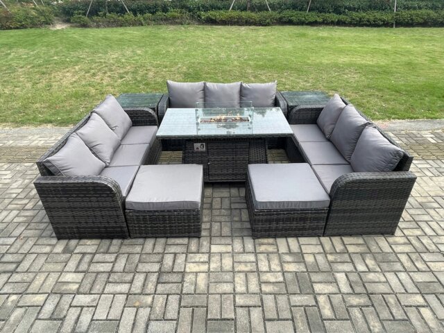 Rackhams Rattan Outdoor Garden Furniture Set with Gas Fire Pit Table, 2 Side Tables, 3 Sofas, 2 Large Footstools - 11 Seater - Dark Grey - image 1