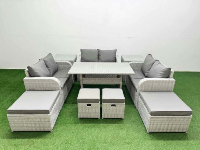 Rackhams Rattan 10 Seater Outdoor Garden Furniture Set with Dining Table Love Sofa 2 Big Footstools 2 Small Stool 2 Side Tables Light Grey - image 1