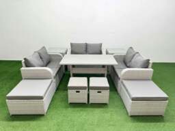 Rackhams Rattan 10 Seater Outdoor Garden Furniture Set with Dining Table Love Sofa 2 Big Footstools 2 Small Stool 2 Side Tables Light Grey - thumbnail 1