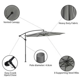 Rackhams 3M Sun Parasol Hanging Banana Umbrella Light Grey  Outdoor Sun Shade - Without base - thumbnail 4
