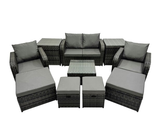 Rackhams Rattan Garden Outdoor Furniture Set Love Sofa Square Coffee Table Set with 4 Stools 2 Side Table Dark Grey Mixed - image 1