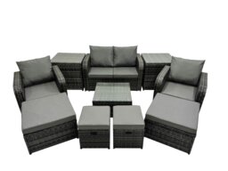 Rackhams Rattan Garden Outdoor Furniture Set Love Sofa Square Coffee Table Set with 4 Stools 2 Side Table Dark Grey Mixed - thumbnail 1