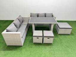 Rackhams Rattan Garden Furniture Dining Set 9 seater Patio Rectangular Table Sofa Set with 3 Stools Light Grey