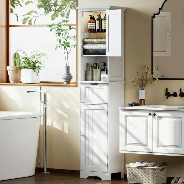 Rackhams 170cm Tall Bathroom Storage Cabinet with LED Light, Adjustable Shelf - Tall Bathroom Cabinet - MDF - White - image 1