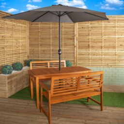 Rackhams Outdoor 4 Person Rectangular Wooden Garden Table, 2 Benches with Grey Havana Parasol & Base - Outdoor Furniture Sets - thumbnail 1