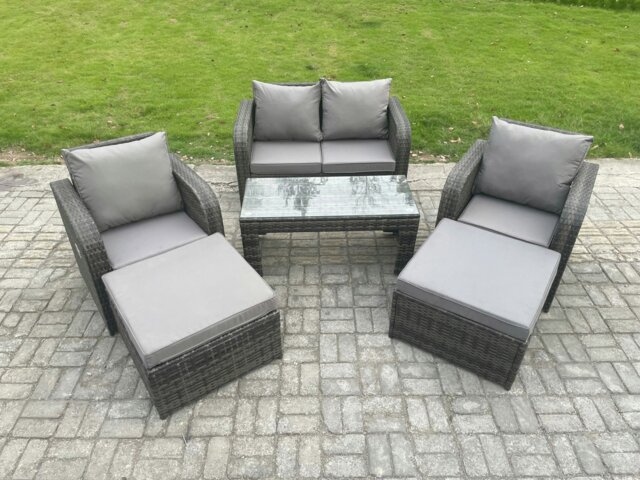 Rackhams 6 Seater Rattan Wicker Garden Furniture Patio Conservatory Sofa Set with Rectangular Coffee Table Reclining Chair Love Sofa 2 Big Footstool - image 1
