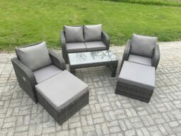 Rackhams 6 Seater Rattan Wicker Garden Furniture Patio Conservatory Sofa Set with Rectangular Coffee Table Reclining Chair Love Sofa 2 Big Footstool - thumbnail 2