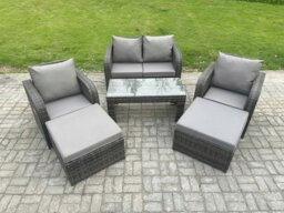 Rackhams 6 Seater Rattan Wicker Garden Furniture Patio Conservatory Sofa Set with Rectangular Coffee Table Reclining Chair Love Sofa 2 Big Footstool - thumbnail 1