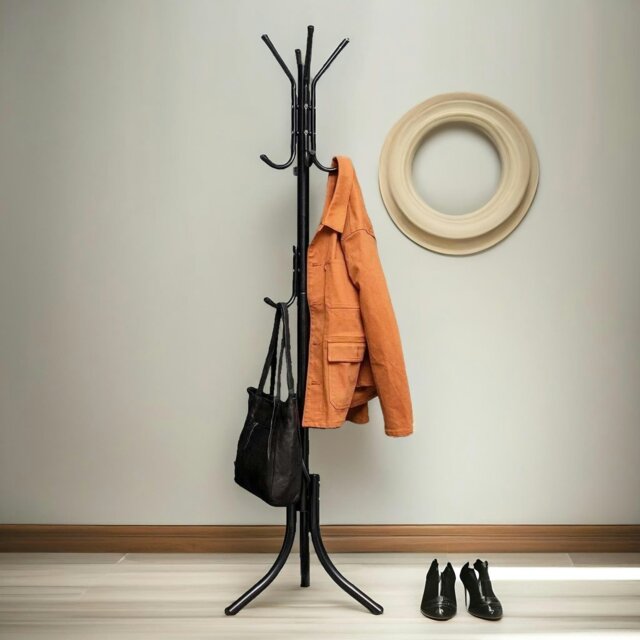 Rackhams Metal Coat Stand With 12 Hooks Black - image 1