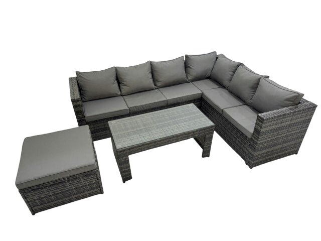 Rackhams Outdoor Rattan Oblong Coffee Table Corner Sofa Sets Garden Furniture Set with Big Stool Dark Grey Mixed - image 1