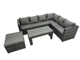 Rackhams Outdoor Rattan Oblong Coffee Table Corner Sofa Sets Garden Furniture Set with Big Stool Dark Grey Mixed - thumbnail 1