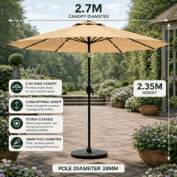 Rackhams Garden Parasol Solar LED 2.7M ,Tilting Table Umbrella with Crank Handle, Protection UV40, Includes Parasol Cover- Sand - thumbnail 2