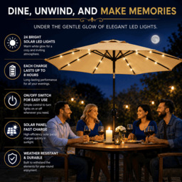 Rackhams Garden Parasol Solar LED 2.7M ,Tilting Table Umbrella with Crank Handle, Protection UV40, Includes Parasol Cover- Sand - thumbnail 4