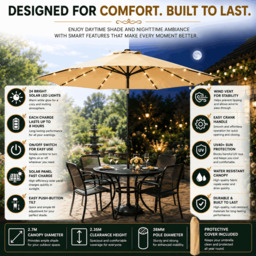 Rackhams Garden Parasol Solar LED 2.7M ,Tilting Table Umbrella with Crank Handle, Protection UV40, Includes Parasol Cover- Sand - thumbnail 3