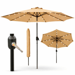 Rackhams Garden Parasol Solar LED 2.7M ,Tilting Table Umbrella with Crank Handle, Protection UV40, Includes Parasol Cover- Sand