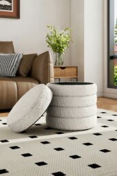 Rackhams Beige Upholstered Round Storage Ottoman for Bedroom Living Room and Makeup Room - Beige - thumbnail 1