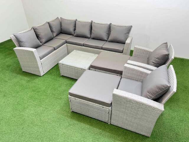 Rackhams Outdoor Rattan Garden Furniture Set 10 Seater Corner Sofa Sets with Square Coffee Table Chair Big Footstools Light Grey Mixed - image 1