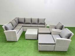 Rackhams Outdoor Rattan Garden Furniture Set 10 Seater Corner Sofa Sets with Square Coffee Table Chair Big Footstools Light Grey Mixed - thumbnail 2