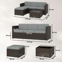 Rackhams Garden Furniture Set w/ Padded Cushions Corner Sofa Set, Light Grey - Modular Sofa - PE Rattan, Polyester, Galvanised Steel - 173 x 66 x 61 cm - thumbnail 3