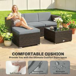 Rackhams Garden Furniture Set w/ Padded Cushions Corner Sofa Set, Light Grey - Modular Sofa - PE Rattan, Polyester, Galvanised Steel - 173 x 66 x 61 cm - thumbnail 5
