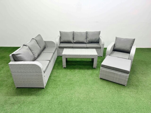 Rackhams 8 Seater Poly Rattan Outdoor Sofa Set - Light Grey with Oblong Coffee Table, 3-Seater Sofa, Reclining Chair & Footstool - image 1