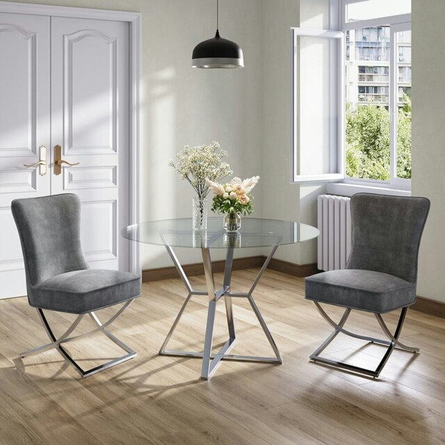 Rackhams Set of 2 Beige High Back Dining Chairs with velvet Upholstered - Grey