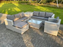Rackhams Light Grey PE Rattan Garden Furniture Set Corner Lounge Sofa Set Oblong Square Coffee Table Big Footstool Armchair - thumbnail 1