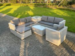 Rackhams Light Grey PE Rattan Garden Furniture Set Corner Lounge Sofa Set Oblong Square Coffee Table Big Footstool Armchair - thumbnail 2
