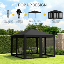 Rackhams Heavy Duty Pop Up Gazebo with Removable Mesh Sidewall Black - thumbnail 4