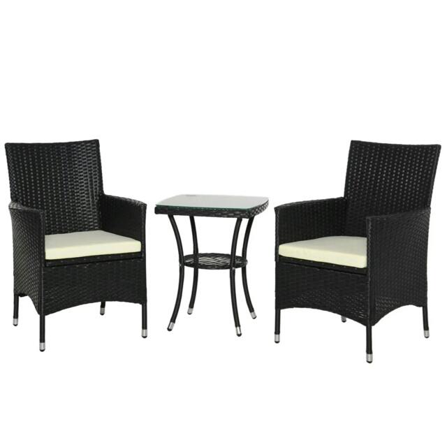 Rackhams 3 Pieces Rattan Bistro Set, Wicker Garden Furniture Set with 2-Tier Coffee Table and Chairs, Cushions, for Outdoor Patio Balcony, Black - image 1