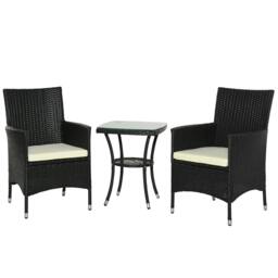 Rackhams 3 Pieces Rattan Bistro Set, Wicker Garden Furniture Set with 2-Tier Coffee Table and Chairs, Cushions, for Outdoor Patio Balcony, Black - thumbnail 1