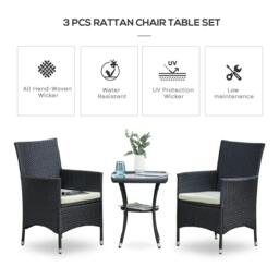Rackhams 3 Pieces Rattan Bistro Set, Wicker Garden Furniture Set with 2-Tier Coffee Table and Chairs, Cushions, for Outdoor Patio Balcony, Black - thumbnail 3