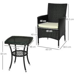 Rackhams 3 Pieces Rattan Bistro Set, Wicker Garden Furniture Set with 2-Tier Coffee Table and Chairs, Cushions, for Outdoor Patio Balcony, Black - thumbnail 2
