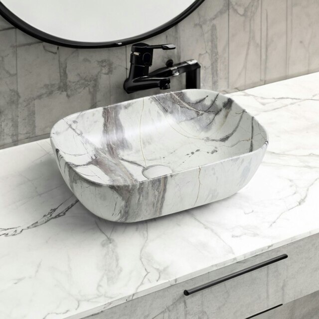 Rackhams 7840 Ceramic Oblong Countertop Basin in White Marble Effect - White Marble Effect - Ceramic - One Size - image 1