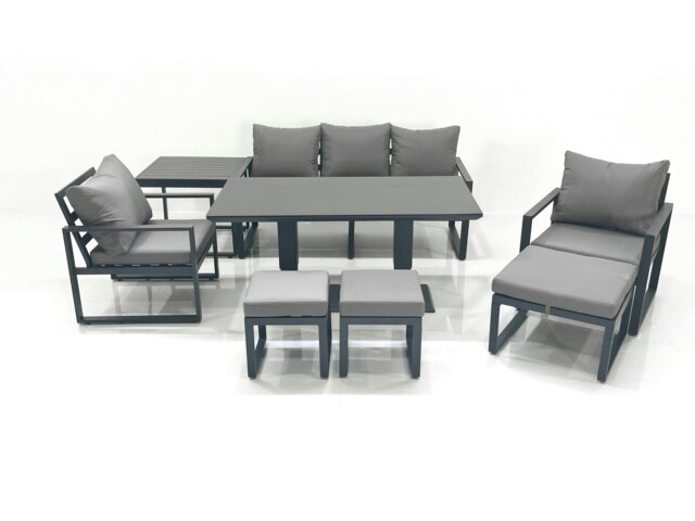 Rackhams 8 Seater Aluminium Outdoor Garden Furniture Set with Adjustable Rising Dining Table 3 Seater Sofa 2 Chair 3 Footstool Side Table Dark Grey - image 1