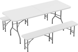 Rackhams 6ft Folding Table and benches heavy duty Indoor and Outdoor use Garden Camping Event Table - White