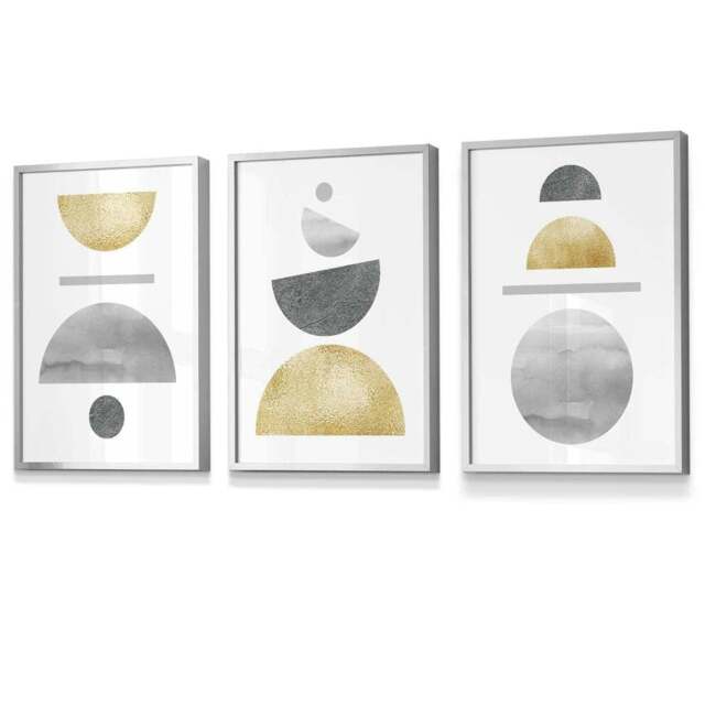 Rackhams Golden Yellow and Grey Mid Century Geometric Framed Set of 3 Wall Art - 42x59cm (A2) - Silver - image 1