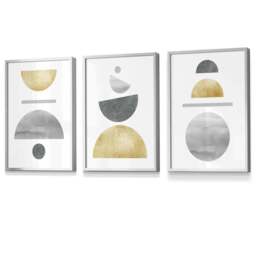 Rackhams Golden Yellow and Grey Mid Century Geometric Framed Set of 3 Wall Art - 42x59cm (A2) - Silver