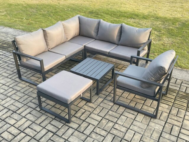 Rackhams Outdoor Garden Furniture Set Aluminium Lounge Sofa Square Coffee Table Sets with Chair Big Footstool Indoor Conservatory Set Dark Grey